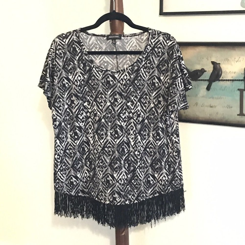 Notations Women's S Black Gray Ivory Short Sleeve Fringe Bottom Scoop Neck EUC